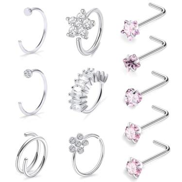 Imagem de Ftovosyo 18G 20G Anéis de nariz de aço cirúrgico argola para mulheres homens pavimentado CZ flor piercing de narina joias em forma de L conjunto de anéis de nariz, Metal Cristal, Zircônia cúbica