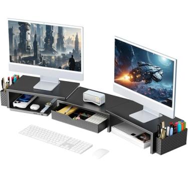 Imagem de gianotter Suporte para monitor duplo, organizador de mesa com gaveta e 2 suportes de caneta, suporte para monitor de computador, prateleira para cima da mesa, preto