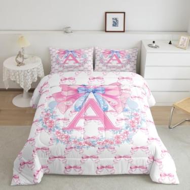 Imagem de jejeloiu Conjunto de cama feminino com laço rosa macio para meninos e meninas, conjunto de edredom com laço azul, tamanho solteiro, fofo, flor, edredom estilo princesa, 2 peças com 1 fronha
