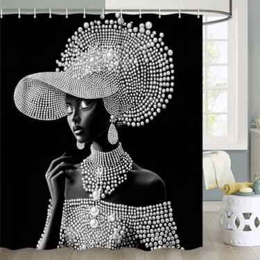 Imagem de Xguatan Cortina de chuveiro de tecido afro-americano, cortinas de chuveiro pretas e brancas da moda sexy para meninas negras, preto e branco, conjunto de decorações de banheiro de poliéster à prova