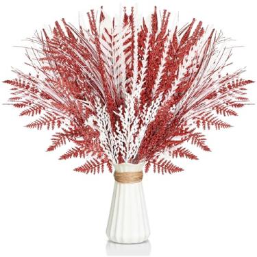 Imagem de Motionchic 50 palhetas e sprays de árvore de Natal, galhos de pinheiro com glitter, hastes de ramo com glitter para decoração de guirlanda de vaso de Natal (vermelho, branco)