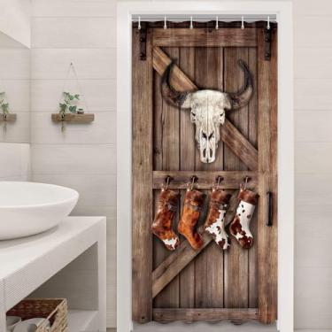 Imagem de Stall Conjunto de cortina de chuveiro rústica para porta de celeiro para banheiro, decoração de banheiro ocidental pequena em pé de fazenda, vintage, placa de madeira marrom, tecido impermeável