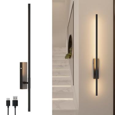 Imagem de Coinmit Arandela de parede operada por bateria conjunto de 1, luminária de parede recarregável de 83 cm interna, arandela sem fio regulável de 6W para sala de estar, quarto, corredor, preto