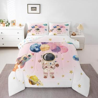 Imagem de Homewish Jogo de edredom infantil fofo de astronauta, colorido, planeta, foguete, reversível, para quarto de adolescentes, desenho animado de estrelas, rosa, branco, conjunto de edredom com 1 fronha