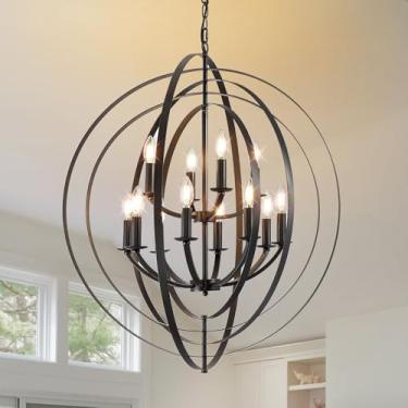 Imagem de Lustre preto de 80 cm, lustre de casa de fazenda de 12 luzes para entrada, luminárias pendentes redondas, lustres de foyer grandes para tetos altos, luminárias de hall de entrada rústica, para ilha de