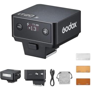 Imagem de Godox Mini flash de câmera IT20 F IT20F para Fuji, TTL GODOX Flash, potência total 700+, tempo de reciclagem de 1,5s, carregamento USB-C, com difusor magnético e filtro - preto