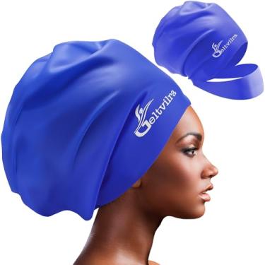Imagem de Touca de natação extra grande de silicone impermeável com faixa de cabeça para tranças e dreadlocks, mulheres negras, meninas, homens com cabelo comprido