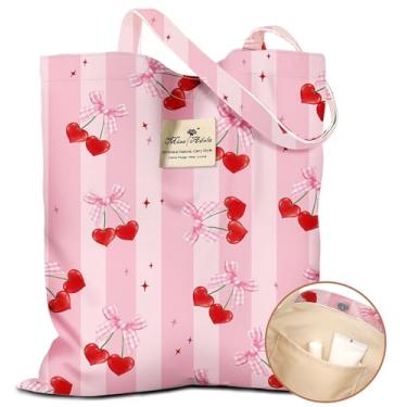 Imagem de Miss Adola Sacola estética feminina – Sacolas reutilizáveis com bolso e fivela magnética, design fofo, bolsa de ombro feminina de tecido de algodão para compras de supermercado, trabalho diário, laço