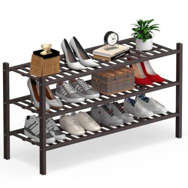 Imagem de Haddockway Organizador de sapatos de bambu longo de 3 níveis, prateleira empilhável multifuncional com painel de grade para armário, corredor, entrada, espaço pequeno 87 x 28 x 50 cm (marrom, 3 níveis