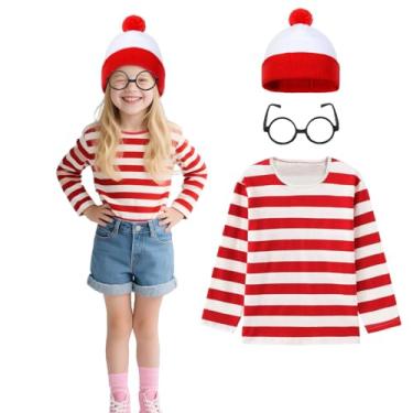 Imagem de Unpifolov Camiseta infantil listrada vermelha e branca divertida fantasia cosplay de Halloween conjunto de moletom infantil chapéu óculos infantil GG