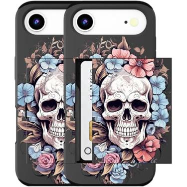 Imagem de MUQR Capa para celular 17 Air compatível com suporte de cartão fofo - Design Kawaii, proteção contra quedas de nível militar, capa carteira robusta para mulheres (caveira preta floral)