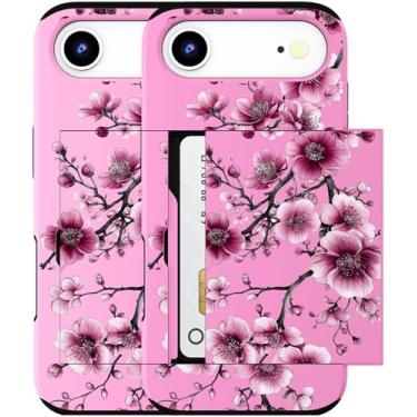 Imagem de MUQR Capa para celular 17 Air compatível com suporte de cartão fofo - Design Kawaii, proteção contra quedas de nível militar, capa carteira robusta para mulheres (flor de cerejeira rosa)