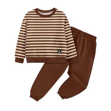 Imagem de TALLWH Conjunto de moletom listrado de manga comprida e calça jogger lisa para meninos de 2 a 5 anos, 2 peças, Marrom, 4-5 Anos