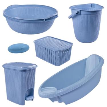 Imagem de Kit 6 Peças Banheira Bebê Trama Plasútil Bacia Balde Lixeira saboneteira infantil (Azul)