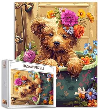 Imagem de Quebra-cabeça de 1000 peças para adultos urso peludo com flores em uma banheira quebra-cabeça banheira animais flores coloridas 1000 peças jogo urso fofo decoração de parede DIY artesanato
