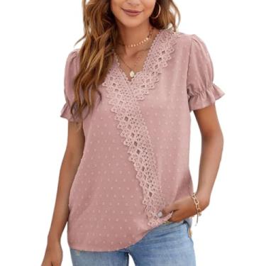 Imagem de Blusa Feminina De Renda Com Decote Em V De Crochê Chiffon Folha De Lótus Manga Curta Flowy T-shirts Blusa De Bolinhas Suíças Lazer Cor Sólida Tee Top Lace Cross Chiffon Re, B-pink, XXL