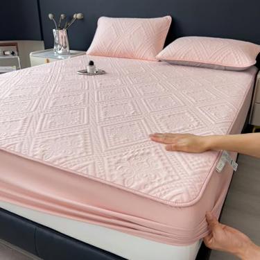 Imagem de Protetor de colchão para todas as estações, lençol com elástico grosso, antiderrapante, capa de colchão, respirável, sem ruído, roupa de cama de hotel - rosa | California King: 200 x 221 cm (apenas