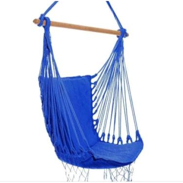 Imagem de Rede Cadeira de Teto Suspensa Macramê, Interior e Exterior, Amarela e Azul, com Suporte de Madeira