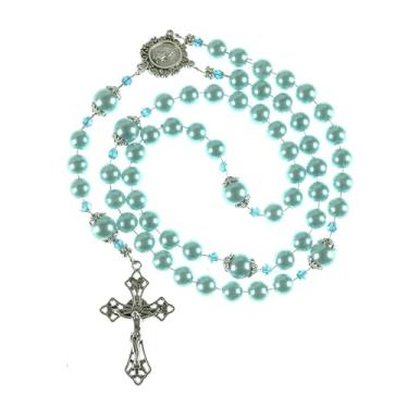 Imagem de Intercession Rosário católico pérola de vidro azul claro – Contas de oração elegantes feitas à mão com medalha milagrosa e crucifixo de prata