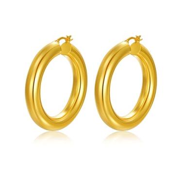 Imagem de Lansora Brincos de argola grossa grossa banhados a ouro para mulheres, brincos grandes de prata, brincos redondos de ouro, joias delicadas 30/40/50/60 mm, Cobre, Sem pedra preciosa