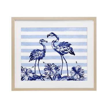 Imagem de Stupell Industries Impressão emoldurada de bétula de flamingos índigo sobre listras sob vidro, design de Paul Brent, 43 x 53 cm