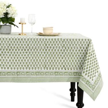 Imagem de CPC Toalha de Mesa Floral Verde Esmeralda Estampa Bloco de Mão 100% Algodão 60x120 Retangular Reutilizável e Lavável Boho Toalha de Mesa de Jantar Ação de Graças