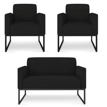 Imagem de Kit Namoradeira e 2 Poltronas Decorativas Base Industrial Preta Maressa A79 Linho Preto - Ibiza