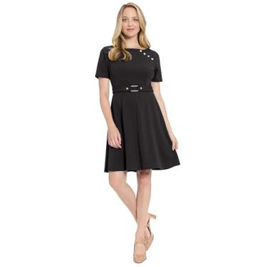 Imagem de London Times Vestidos de trabalho profissionais femininos de manga curta com gola canoa e flare para convidados de casamento, Preto, 36