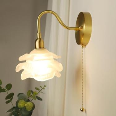 Imagem de Luminária de parede de vidro florido, arandela moderna de vidro rosa multicamadas com interruptor de corrente, luminária de parede retrô de latão para cabeceira de quarto, sala de estar, ves