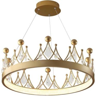 Imagem de Lustre de coroa de princesa dourada para quarto de meninas, lustre de cristal moderno com LED regulável, luminária pendente de meados do século para quarto de crianças, berçário, jardim de i