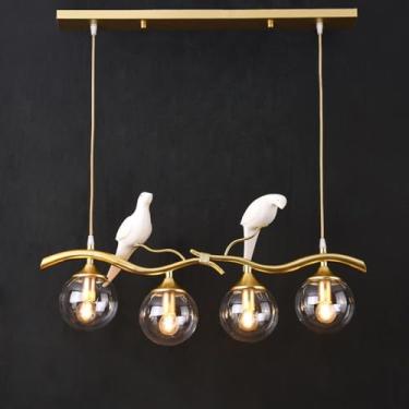 Imagem de Luminária pendente industrial linear de cozinha com 4 luzes e cúpula de vidro âmbar, decoração de pássaros, iluminação pendente de meados do século, lustre vintage dourado e fumê, para mesa