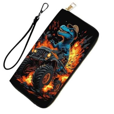 Imagem de DHEEBFWE Carteira de pulso com bloqueio de RFID para mulheres e meninas adolescentes - Bolsa de couro de grande capacidade com alça removível,, Monster Truck Dinossauro