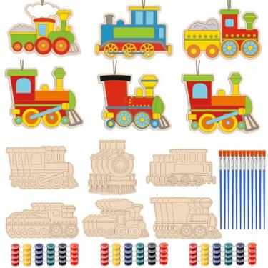 Imagem de Weysat Conjunto de 24 peças de enfeites de madeira inacabados em forma de trem em branco com barbante de tinta, seu próprio presente de Natal para artesanato faça você mesmo, pintura, fotos, adereços