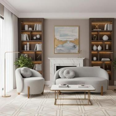 Imagem de Conjunto 01 Poltrona + Sofá Curvo Orgânico Amsterdã Bouclê Cinza Claro