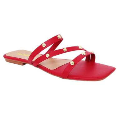 Imagem de Genérico Sandália Rasteirinha Feminina, Material Sintético, Tiras Finas com Strass, Casual, Conforto para Uso Diário (Vermelho, BR, Adulto, Numérico, 38)