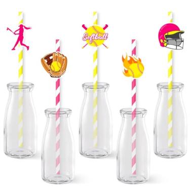 Imagem de Serencatcher 50 canudos de papel com tema de softball, rosa choque, amarelo, lembrancinhas de festa de softball, descartáveis, canudos de papel decorativos, para esportes, softball, aniversário, chá