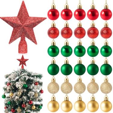 Imagem de Cinnvoice Conjunto de mini enfeite de árvore de Natal com 30 peças de mini enfeites de bola de Natal - Topo de estrela pequeno de 10 cm para árvore de Natal pequena, centro de mesa (vermelho, estrela)