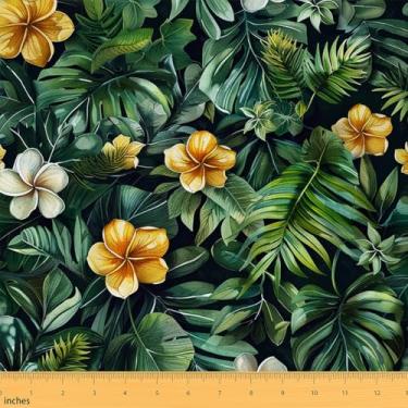 Imagem de Tecido de folhas de selva por jarda folhas de palmeira verde tecido floral tropical para amantes de costura selvagens naturais selva plantas decoração tecido para bricolage estofados e detalhes em