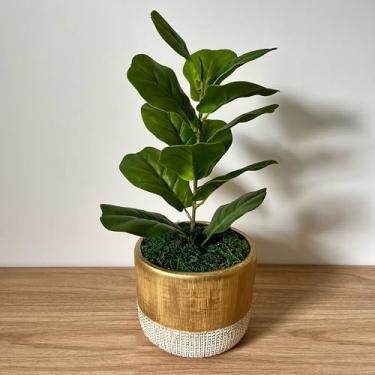 Imagem de Planta Artificial Ficus Lyrata Decorativa com Folhas Verdes em Vaso Cerâmico Dourado e Branco, Decoração para Casa e Escritório