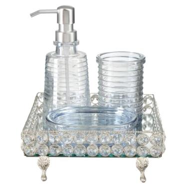 Imagem de Kit Lavabo Banheiro Saboneteira Líquida Bandeja Cristal Luxo