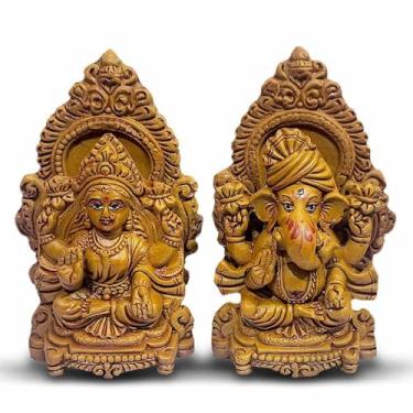 Imagem de Lakshmi & Ganesh Idol ecológico — Estátua de argila feita à mão para decoração de casa, templo, prateleira ou presente