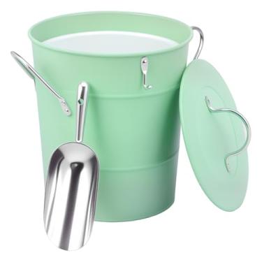Imagem de Balde de gelo com alça recipiente de gelo isolado de parede dupla de 3,5 L, recipiente de cubo de gelo de metal com colher para cerveja, bebidas, bares, festas (verde, pacote com 2)