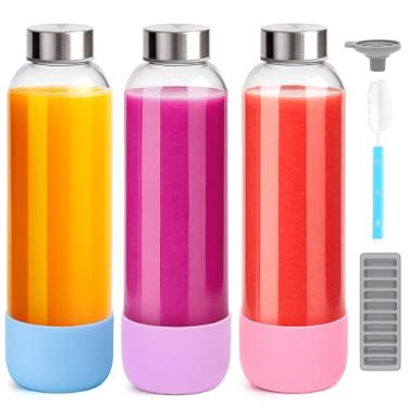 Imagem de Zukro Garrafas de suco de vidro com tampas para suco de 946 ml, pacote com 3 garrafas de água de vidro transparente grandes reutilizáveis com tampa hermética de aço inoxidável e base de silicone, à
