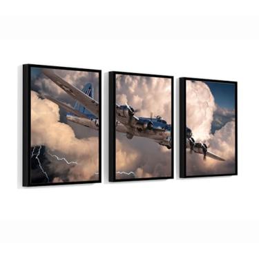 Imagem de 3 Quadros Avião Boeing B17 Segunda Guerra 60x40 com Moldura Preta