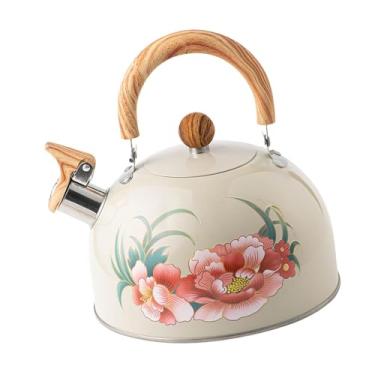 Imagem de Baoblaze Chaleira de chá com apito para fogão de indução, fácil de transportar, alça dobrável, leve, com padrão de flor de peônia, chaleira de água de 3 litros