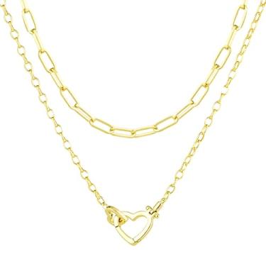 Imagem de Poxtex Colares femininos de prata em camadas, empilháveis delicados, banhados a ouro real 14 K, círculo moderno, clipe de papel, colar gargantilha com pingente de clipe de papel, pequeno coração