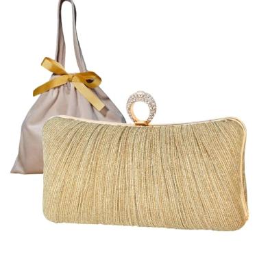 Imagem de Bolsa clutch feminina dourada com purpurina, plissada, para festa de casamento nupcial com anel de strass, Bolsa de presente dourada