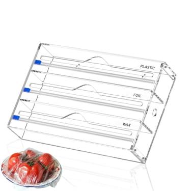 Imagem de Organizador de papel alumínio e plástico 3 em 1 dispensador de papel de cozinha com cortador, gaveta de alumínio organizado e armazenamento para papel de cozimento, suporte de papel de cera compatível