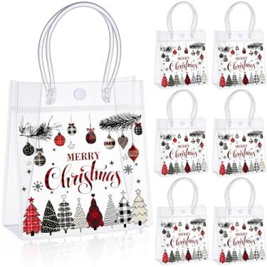 Imagem de Sweetude 24 sacos de presente transparentes com alças 14 × 19 × 7,9 cm x 7,8 polegadas sacolas reutilizáveis de PVC para lembrancinhas de festa (grade Merry Christmas)