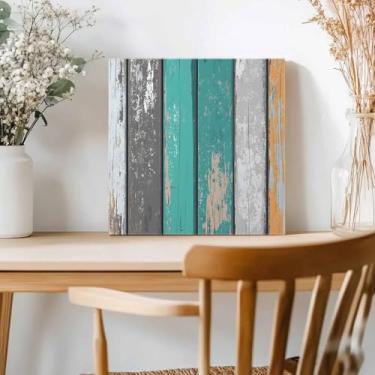 Imagem de Arte de parede em tela verde marrom cinza pintura listrada em tela fundo de madeira retrô decoração de parede para sala de estar quarto banheiro decorações de arte pronto para pendurar 20.3 cm x 20.3